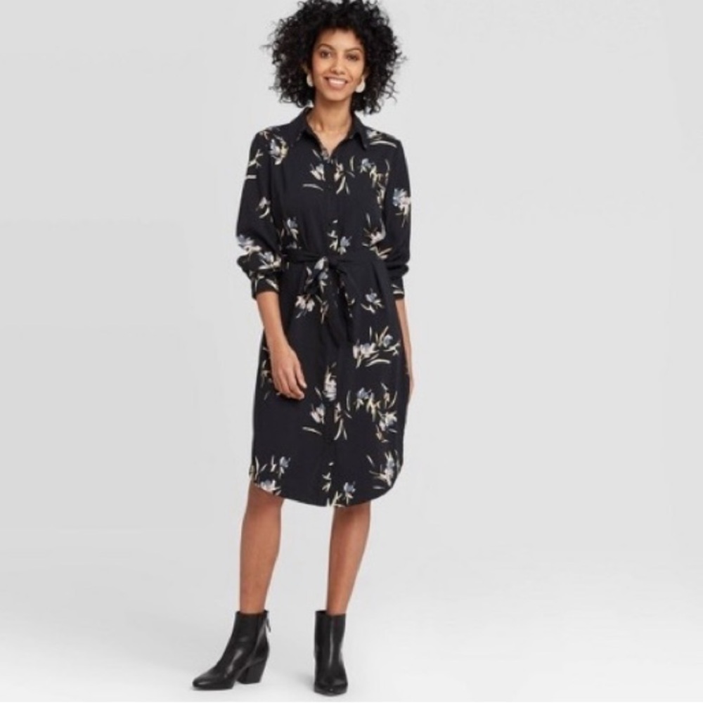 A New Day Black Floral Print Long Sleeve Midi Dress
